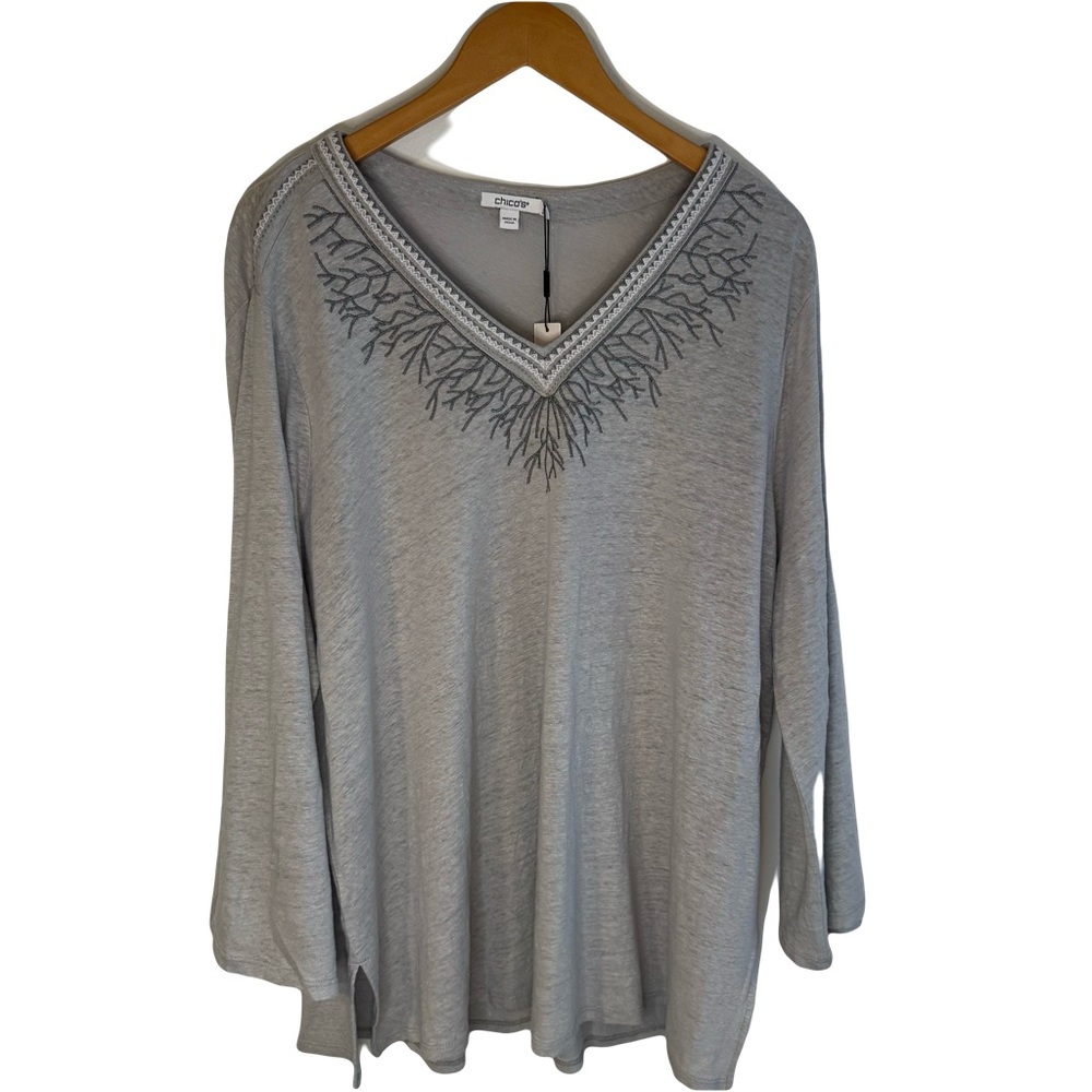 Chico’s  Women’s  XXL  Light  Gray  Embroidered  V‑Neck  Bell  Sleeve  Top